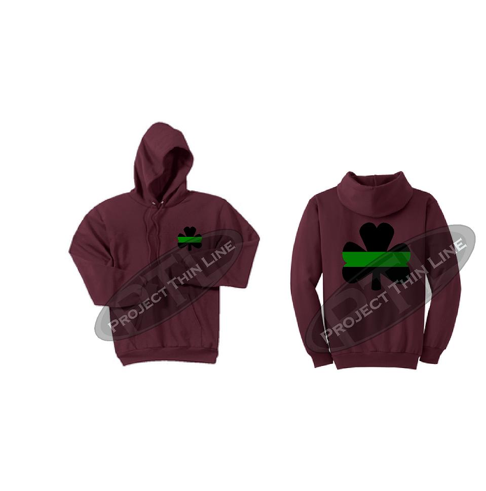 Burgundy Thin GREEN Line Shamrock Clover Hooded Sweatshirt