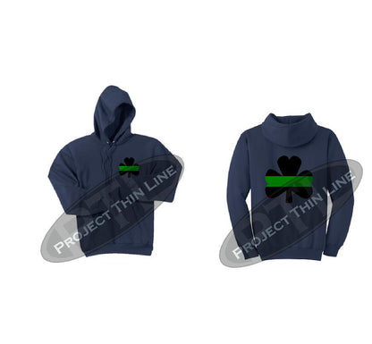 Navy Thin GREEN Line Shamrock Clover Hooded Sweatshirt