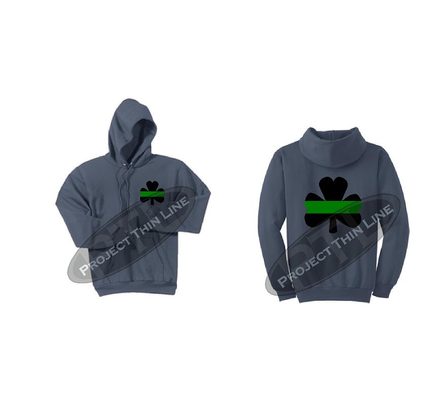 Steel Grey Thin GREEN Line Shamrock Clover Hooded Sweatshirt