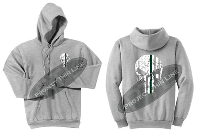 Ash Grey Hooded Sweatshirt Thin GREEN Line Punisher Skull inlayed with the Tattered American Flag