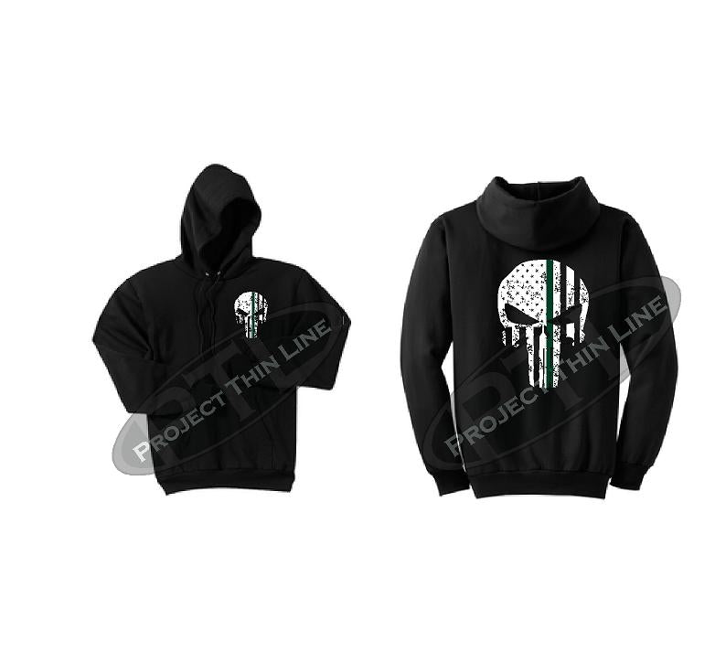 Black Hooded Sweatshirt Thin GREEN Line Punisher Skull inlayed with the Tattered American Flag