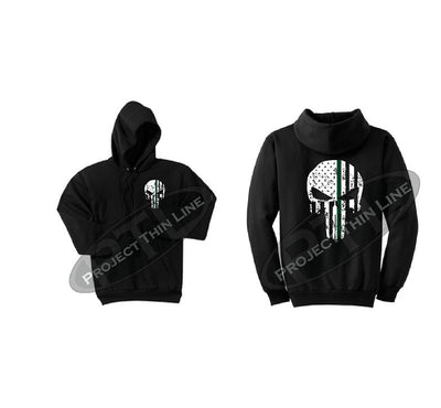 Black Hooded Sweatshirt Thin GREEN Line Punisher Skull inlayed with the Tattered American Flag