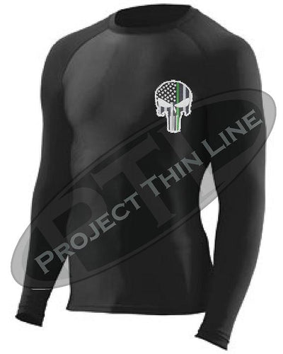 Black Embroidered Thin GREEN Line Punisher Skull inlayed American Flag Long Sleeve Compression Shirt