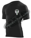 Black Embroidered Thin GREEN Line Punisher Skull inlayed American Flag Short Sleeve Compression Shirt