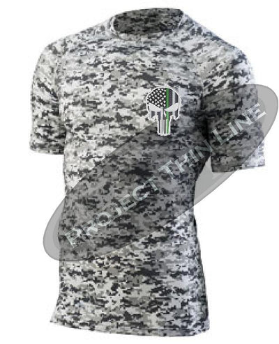 Digital Camo Embroidered Thin GREEN Line Punisher Skull inlayed American Flag Short Sleeve Compression Shirt