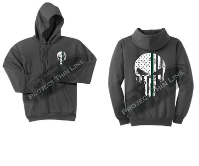 Charcoal Hooded Sweatshirt Thin GREEN Line Punisher Skull inlayed with the Tattered American Flag