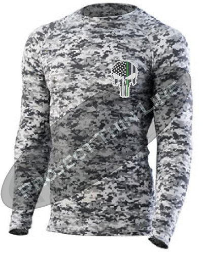 Digital Camo Embroidered Thin GREEN Line Punisher Skull inlayed American Flag Long Sleeve Compression Shirt