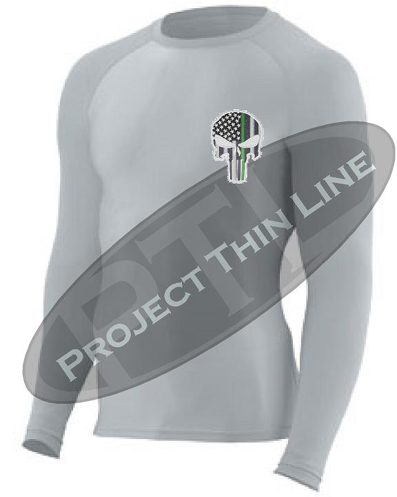 Light grey Embroidered Thin GREEN Line Punisher Skull inlayed American Flag Long Sleeve Compression Shirt