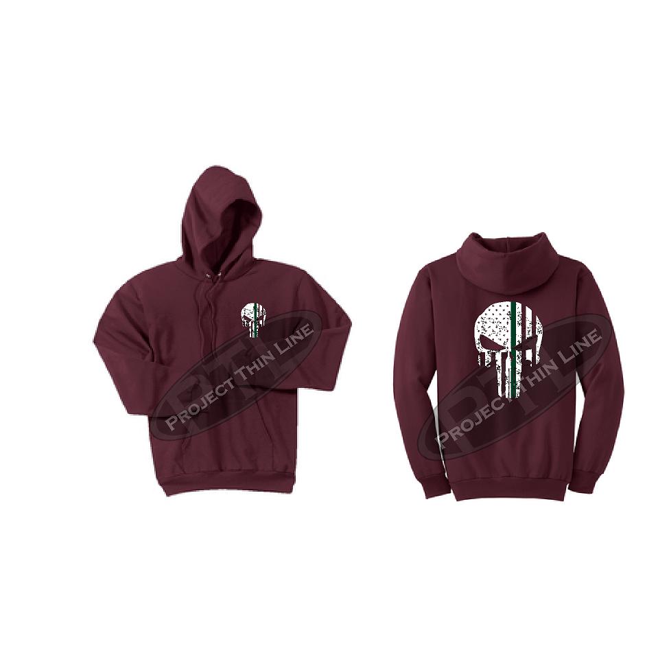 Maroon Hooded Sweatshirt Thin GREEN Line Punisher Skull inlayed with the Tattered American Flag