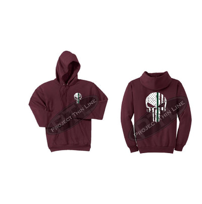 Maroon Hooded Sweatshirt Thin GREEN Line Punisher Skull inlayed with the Tattered American Flag