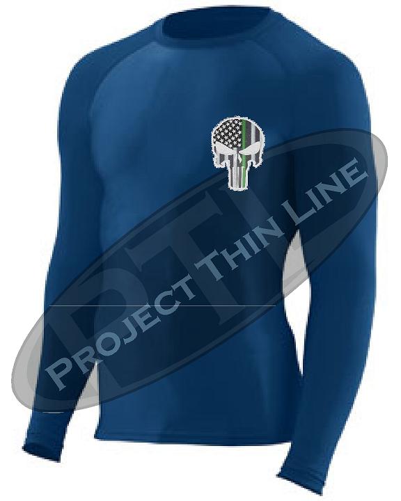 Navy Embroidered Thin GREEN Line Punisher Skull inlayed American Flag Long Sleeve Compression Shirt
