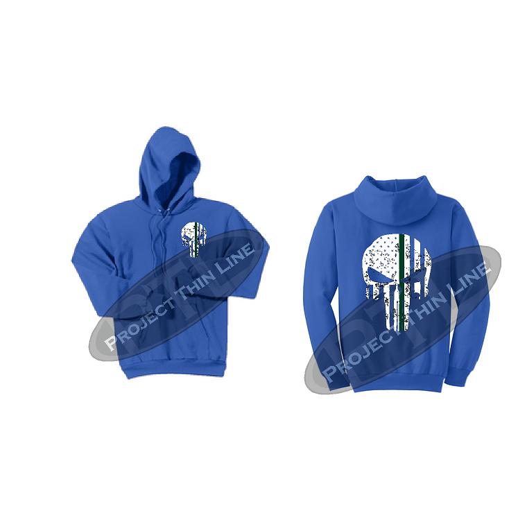 Royal Blue Thin GREEN Line Punisher Skull inlayed with the Tattered American Flag Hooded Sweatshirt