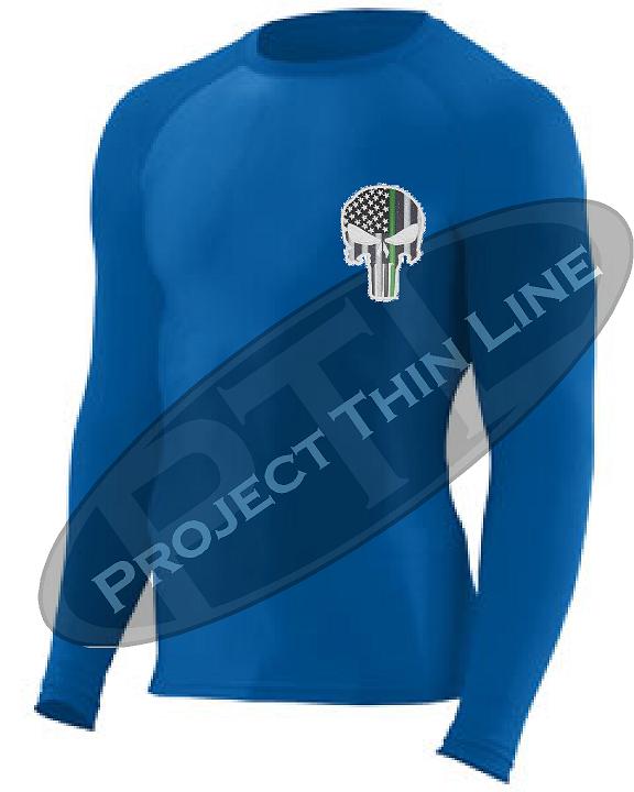 Royal Embroidered Thin GREEN Line Punisher Skull inlayed American Flag Long Sleeve Compression Shirt