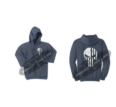 Steel Blue Thin GREEN Line Punisher Skull inlayed with the Tattered American Flag Hooded Sweatshirt