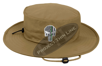 Tan Boonie Hat with embroidered Subdued Thin GREEN Line Punisher