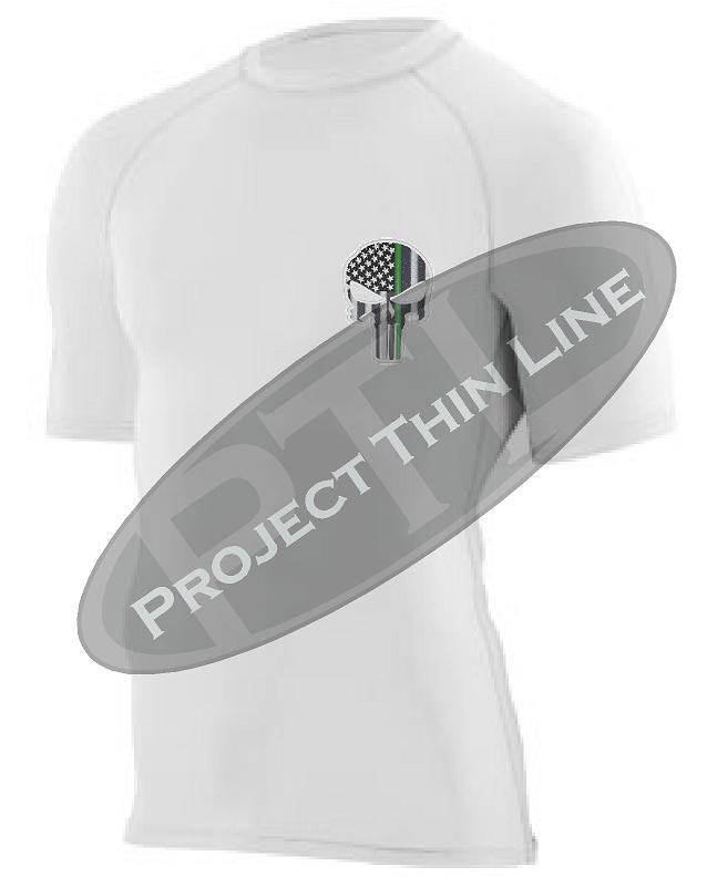 White Embroidered Thin GREEN Line Punisher Skull inlayed American Flag Short Sleeve Compression Shirt