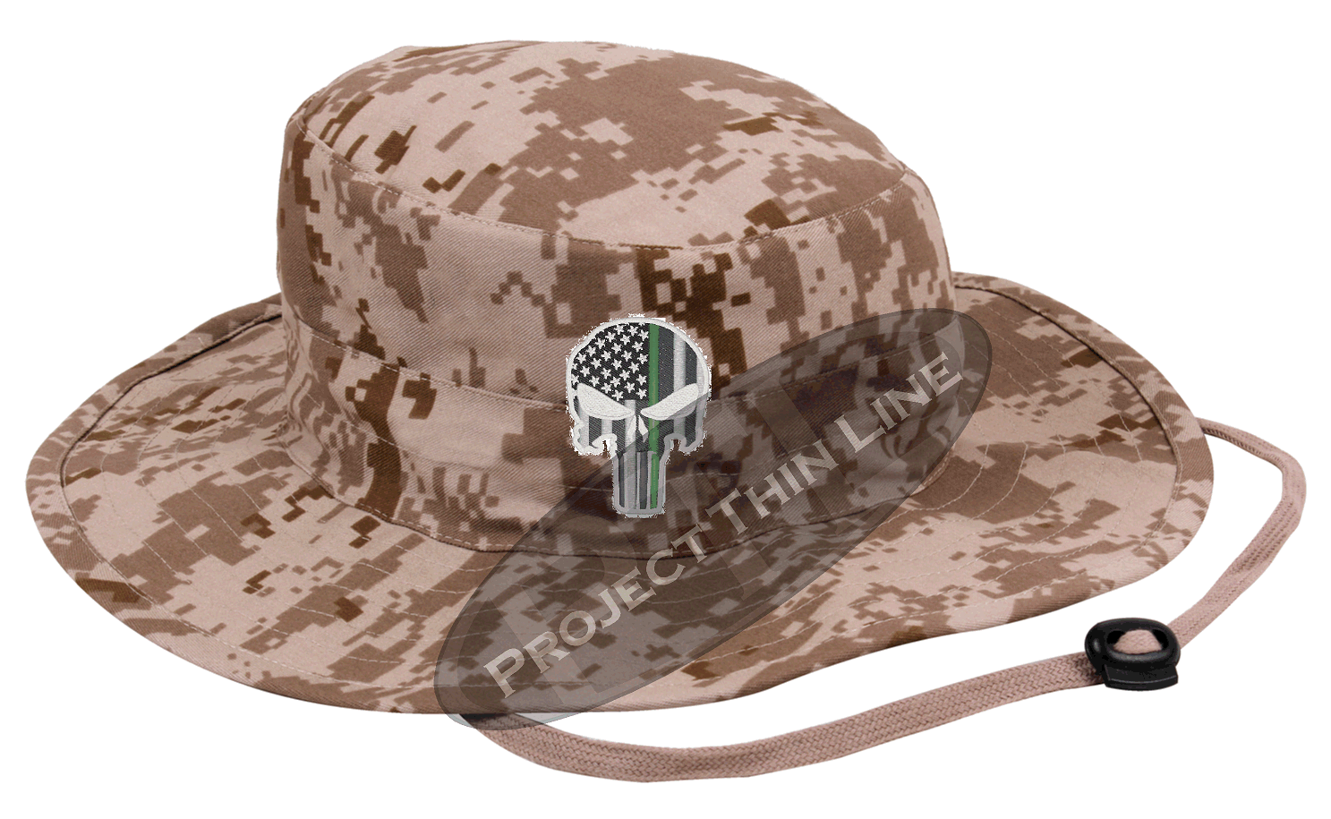 Desert Camouflage Boonie Hat with embroidered Subdued Thin GREEN Line Punisher