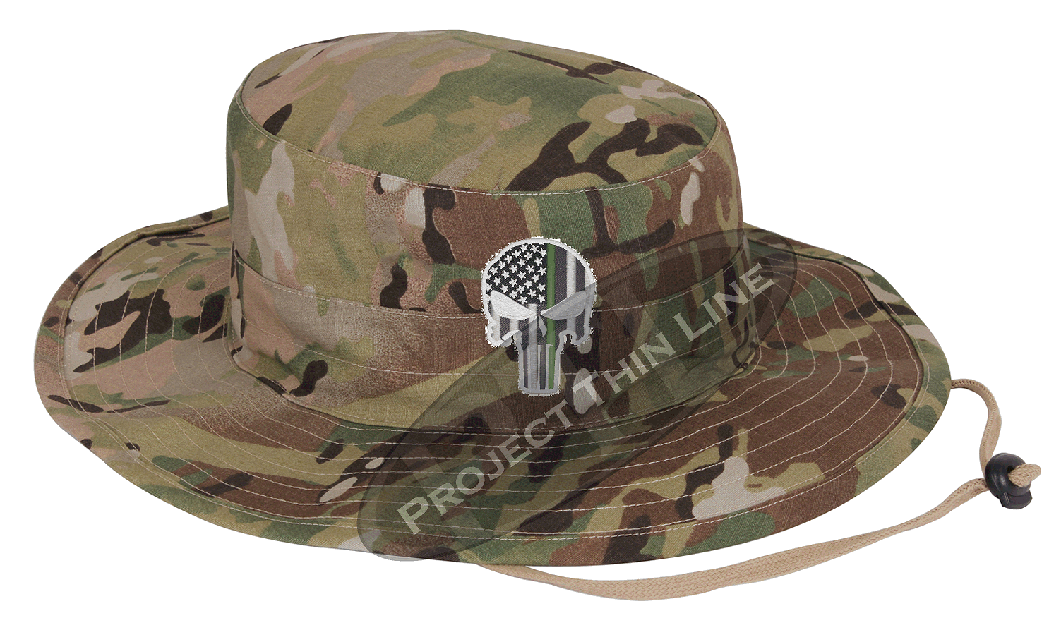Jungle Camouflage Boonie Hat with embroidered Subdued Thin GREEN Line Punisher