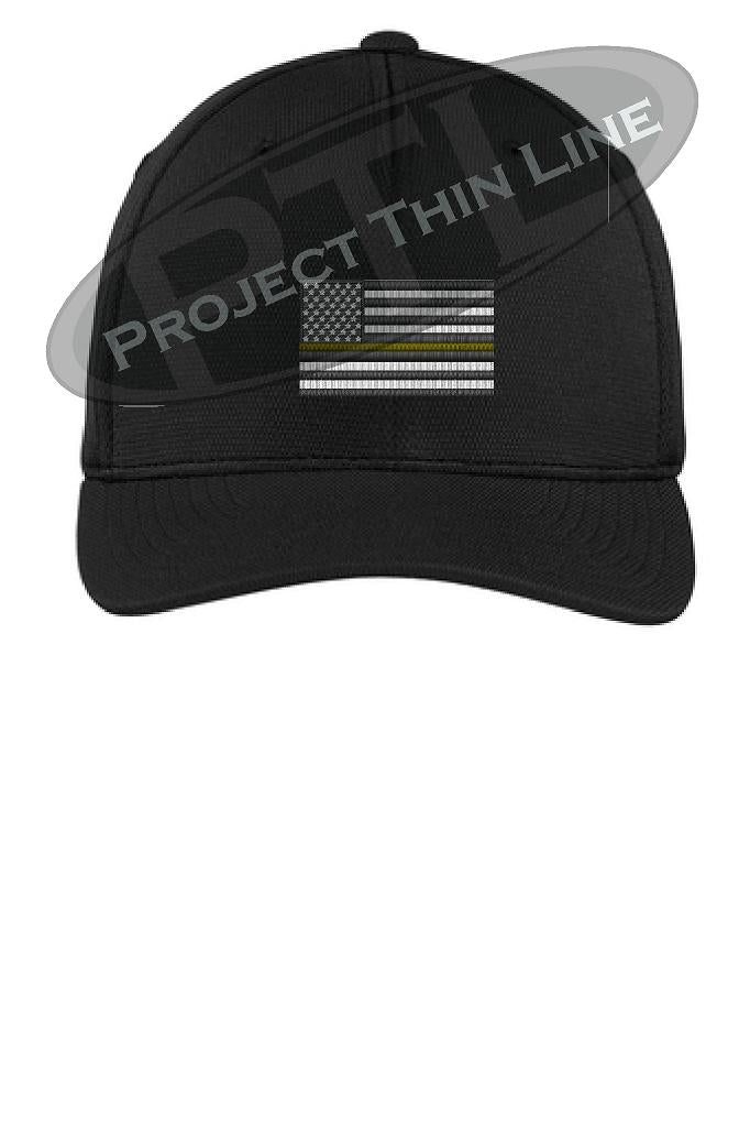 Black Embroidered Thin Yellow Line American Flag Flex Fit Fitted Hat