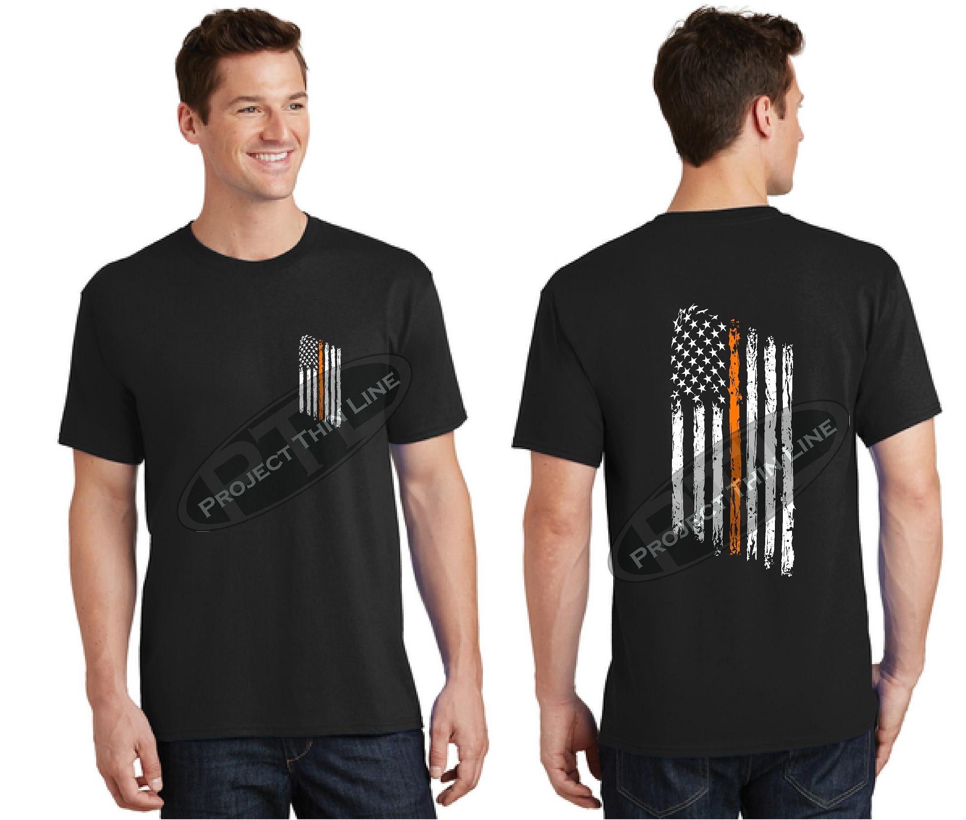 Black Thin ORANGE Line Tattered American Flag Short Sleeve Shirt