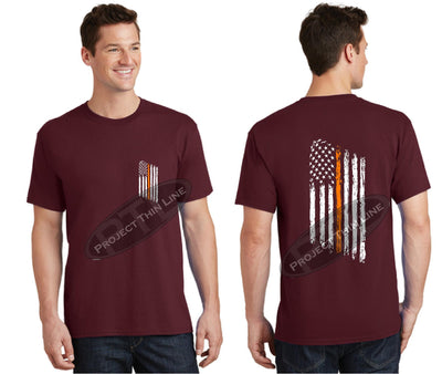 Maroon Thin ORANGE Line Tattered American Flag Short Sleeve Shirt