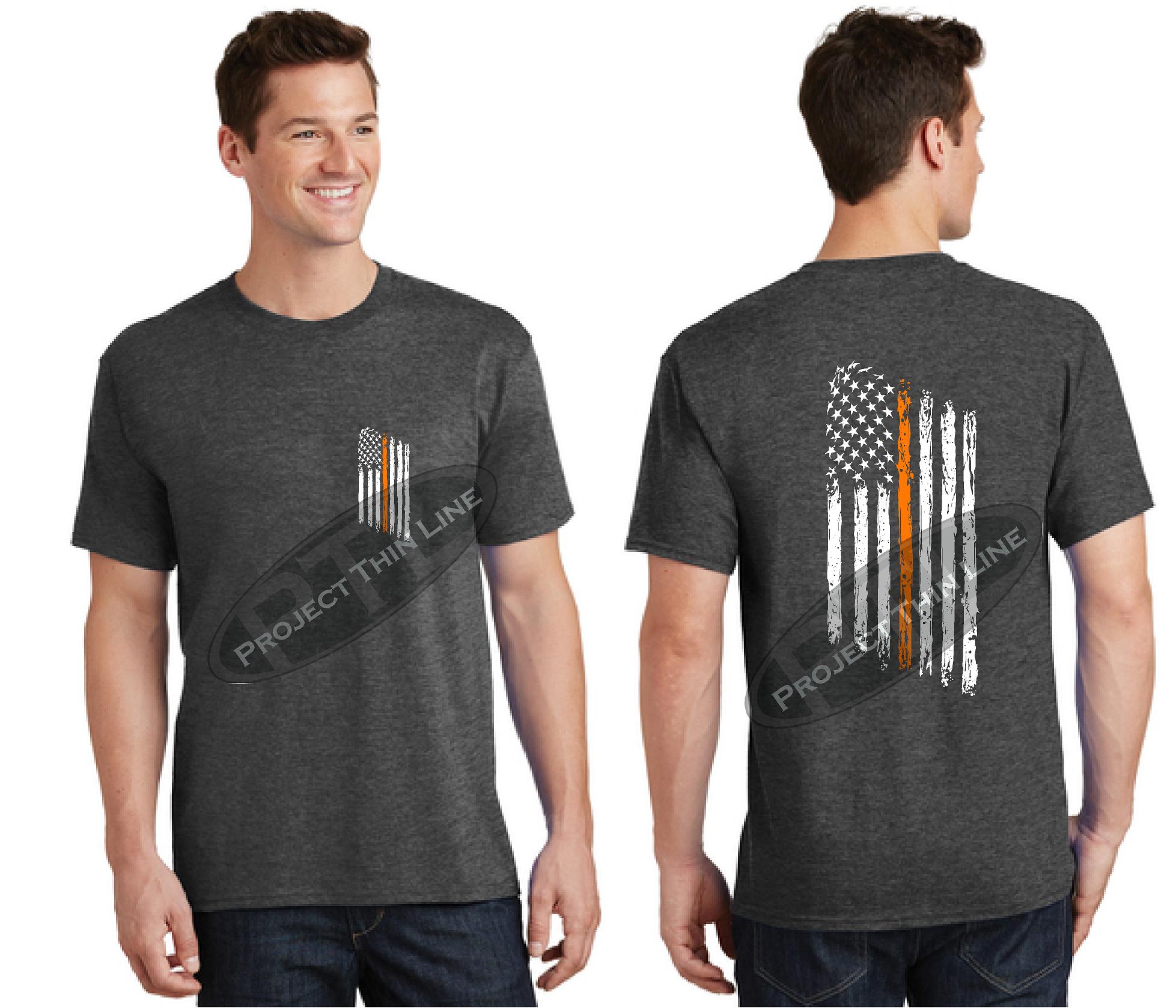 Dark Grey Thin ORANGE Line Tattered American Flag Short Sleeve Shirt