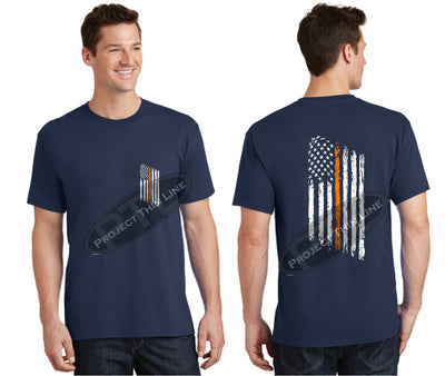 Navy Thin ORANGE Line Tattered American Flag Short Sleeve Shirt