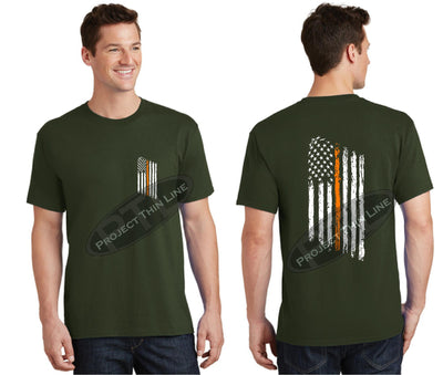 OD Green Thin ORANGE Line Tattered American Flag Short Sleeve Shirt
