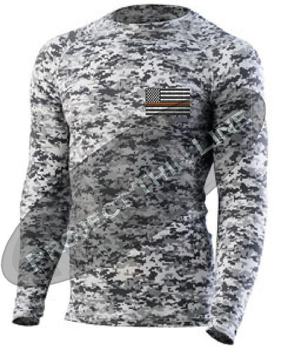 Digital Camo Long Sleeve Compression shirt Thin Orange Line Subdued American Flag