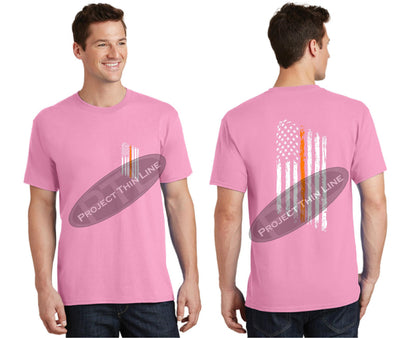 Pink Thin ORANGE Line Tattered American Flag Short Sleeve Shirt