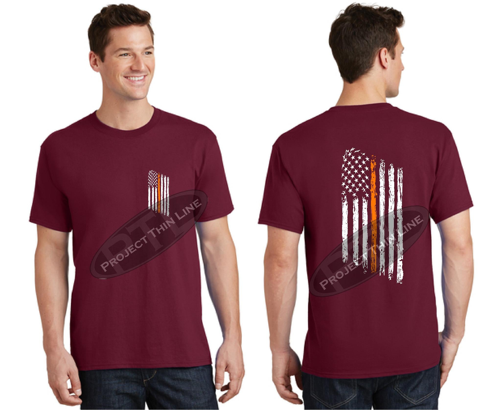 Red Thin ORANGE Line Tattered American Flag Short Sleeve Shirt