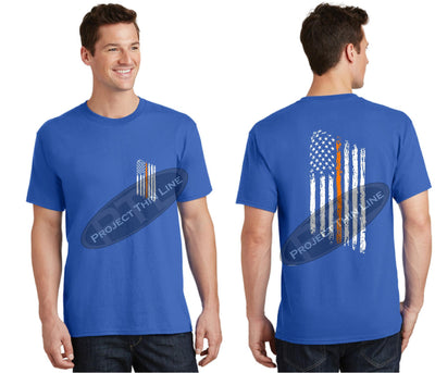 Royal Blue Thin ORANGE Line Tattered American Flag Short Sleeve Shirt