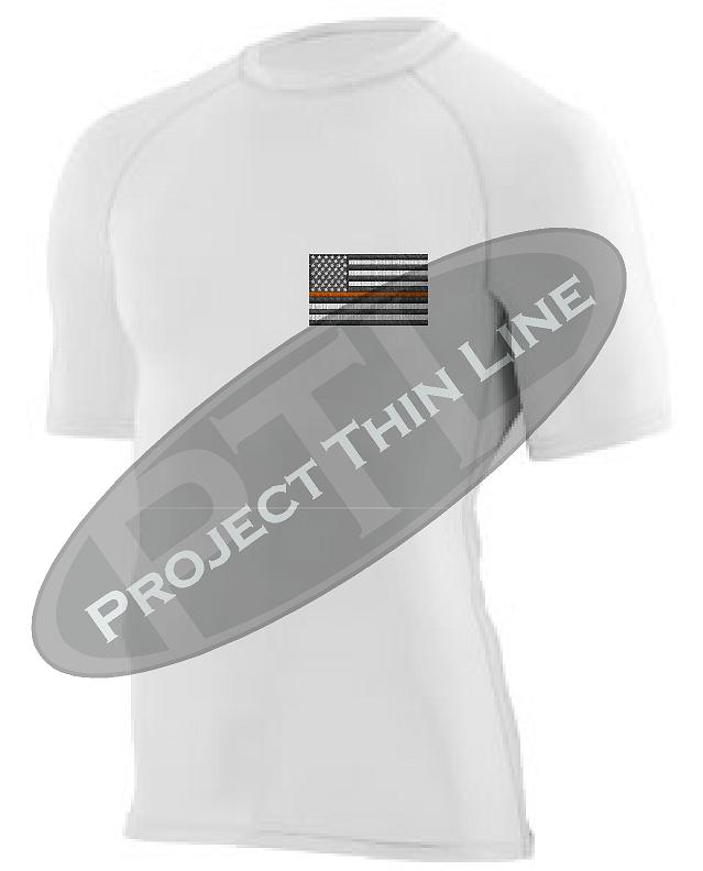 White Embroidered Thin ORANGE Line American Flag Short Sleeve Compression Shirt