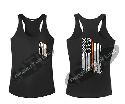 Black Tattered Thin Orange Line American Flag Racerback Tank Top