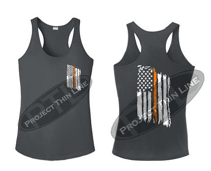 Charcoal Tattered Thin Orange Line American Flag Racerback Tank Top