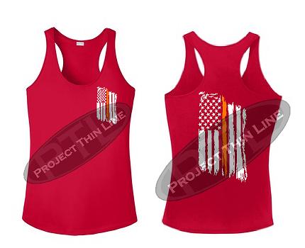 Red Tattered Thin Orange Line American Flag Racerback Tank Top