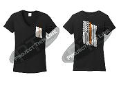 Black Women's Thin ORANGE Line Tattered American Flag V Neck Cap Short Sleeve Shirt