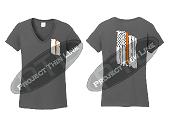 Charcoal Women's Thin ORANGE Line Tattered American Flag V Neck Cap Short Sleeve Shirt