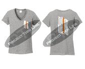 Grey Women's Thin ORANGE Line Tattered American Flag V Neck Cap Short Sleeve Shirt
