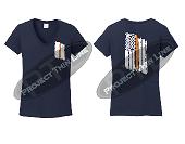 Navy Blue Women's Thin ORANGE Line Tattered American Flag V Neck Cap Short Sleeve Shirt