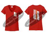 Red Women's Thin ORANGE Line Tattered American Flag V Neck Cap Short Sleeve Shirt