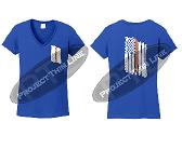 royal blue Women's Thin ORANGE Line Tattered American Flag V Neck Cap Short Sleeve Shirt