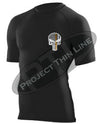 Black Embroidered Thin ORANGE Line Punisher Skull inlayed American Flag Short Sleeve Compression Shirt