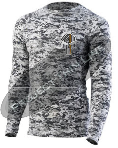 Digital Camo Embroidered Thin ORANGE Line Punisher Skull inlayed American Flag Long Sleeve Compression Shirt