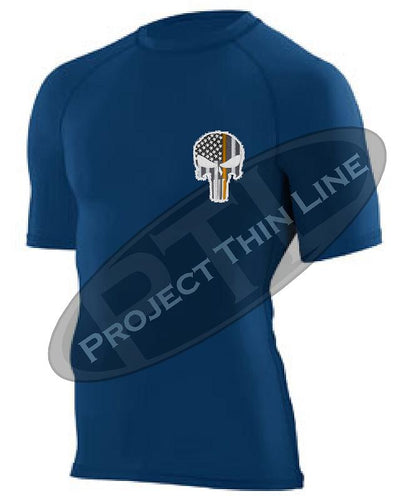 Navy Blue Embroidered Thin ORANGE Line Punisher Skull inlayed American Flag Short Sleeve Compression Shirt