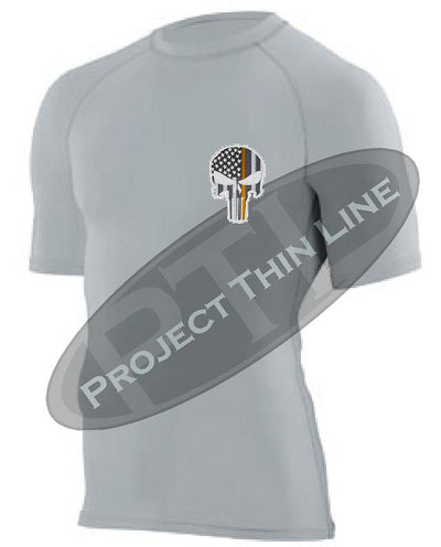 Light Grey Embroidered Thin ORANGE Line Punisher Skull inlayed American Flag Short Sleeve Compression Shirt