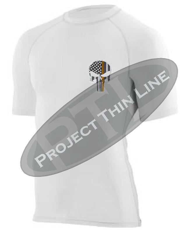 White Embroidered Thin ORANGE Line Punisher Skull inlayed American Flag Short Sleeve Compression Shirt