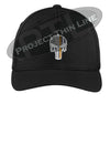 BLACK Embroidered Thin Orange Line Punisher Skull inlayed with the American Flag Flex Fit TRUCKER fitted Hat