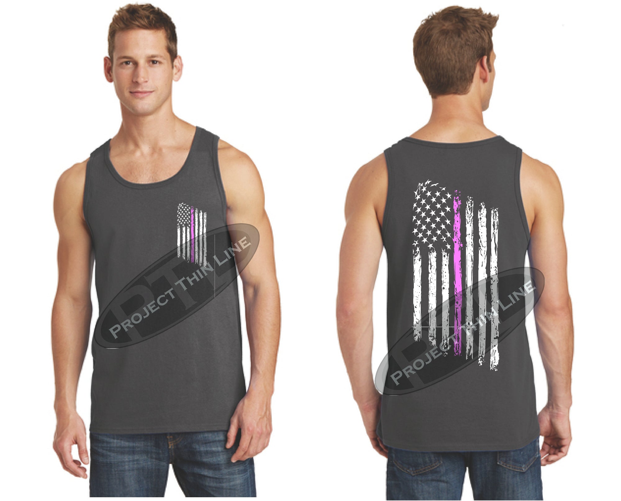 Charcoal Thin Pink Line Tattered American Flag Tank Top