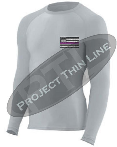 Light Grey Embroidered Thin PINK Line American Flag Long Sleeve Compression Shirt